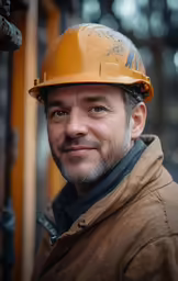 a construction worker poses for the camera in his workwear