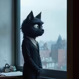an animation cat standing in front of a window