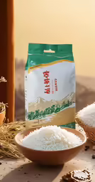 a bag of white rice and bowl of cooked rice