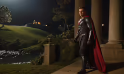 a man dressed as superman standing in front of a house