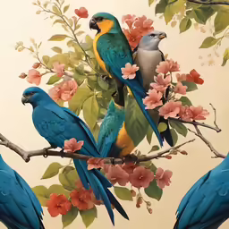 a painting of colorful birds perched on tree branch