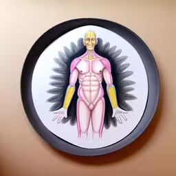 a plate with a human figure painted on it,a picture of a human being being painted on a plate
