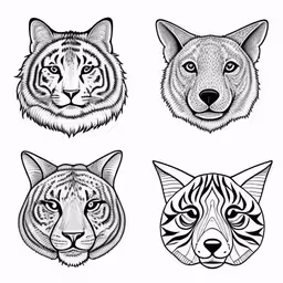 the heads of various animal faces are black and white,four types of wildlife heads in black and white,four different variations of a face of a tiger, tiger and a panther,a set of four different heads with different faces and types of the same animal,four different head expressions on a white background stock illustration