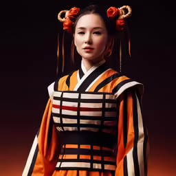 a woman dressed in an asian costume poses