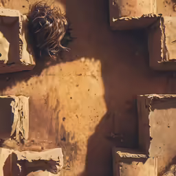 a bird laying in a basket on a brick wall