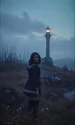 a girl wearing knee high boots standing outside with the lighthouse behind