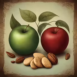 two apples and almonds are displayed side by side