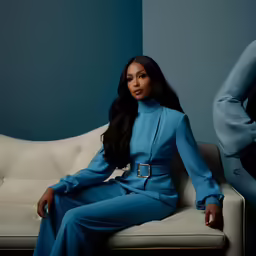 a woman sitting on a white couch in a blue jumpsuit