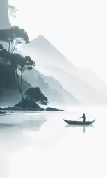 a man in a rowboat on a misty lake