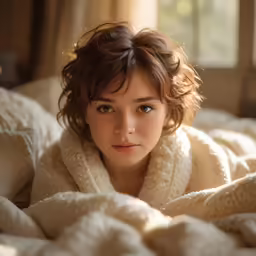 a woman is under a blanket, in the bed