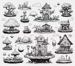 the old style house with lots of different trees,illustrations depicting various types of houses and landforms