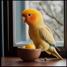 a yellow and orange bird is standing on a bowl