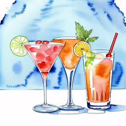 watercolor of two gingy cocktails in glasses with a garnish garnish,two beverages are next to each other on the table