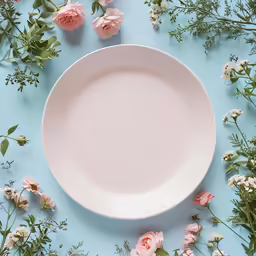 a plate on top of flowers is arranged around the bowl