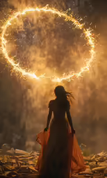 a woman in an orange gown walks away from the sun with fireworks