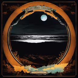 a view of the ocean at night with an oval window,an artistic photo with the moon on the ocean