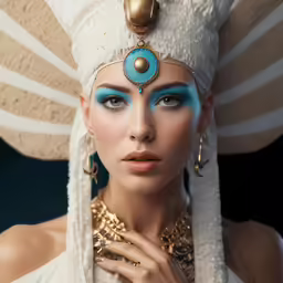 a woman in a white dress with a golden necklace and turquoise eye shadow