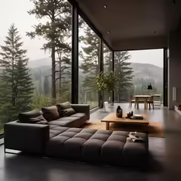 the living room is empty of people and a view outside