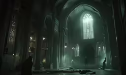 a dark church lit by bright windows, with a ghostly figure near the door