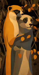 a picture of two racoons hugging each other under a tree
