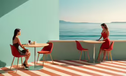 two woman having conversation in outdoor restaurant overlooking the water
