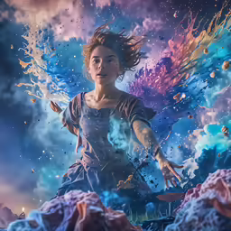 a girl is surrounded by various clouds and clouds