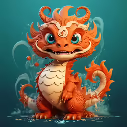a cartoon style, orange dragon sitting in the water