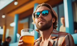man with sun glasses enjoying a beer outside a building