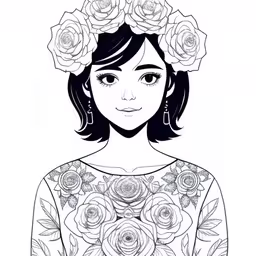 a woman with flowers in her hair,girl with tattoos and roses in her hair,a woman with black and white drawings on her head,an adult woman with flowers in her hair,the girl in the roses is drawn in a line art technique