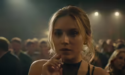 a beautiful young lady standing in front of a crowd of people
