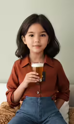 the little girl holds up a glass of beer