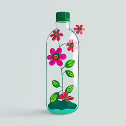 a glass bottle decorated with pink flowers,flower bottle hand painted with acrylic paint and green caps