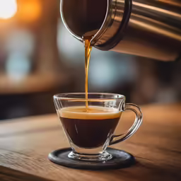 coffee pouring into a small cup sitting on top of a wooden table