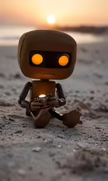 a little robot sits on the beach with the sun setting behind him