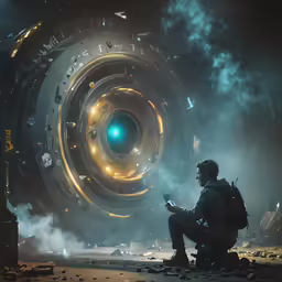 man sitting with smartphone in front of futuristic machine