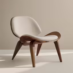 a chair with wooden legs and a seat with wood arms
