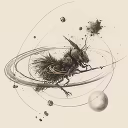a black and white illustration with different objects around it