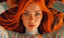 a woman with red hair is looking at the camera