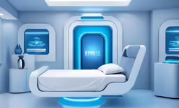 a white bed sitting inside of a blue room