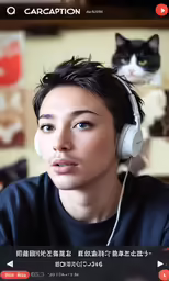 a man in black shirt listening to cat