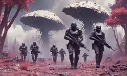 some soldiers are walking in front of an army of soldiers