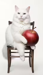 the white cat is sitting on a chair and holding an apple