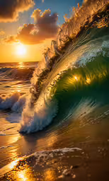 the sun peeking through clouds, waves and a surf board,the sunset is shining brightly over the waves