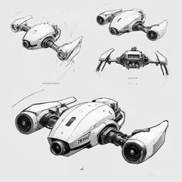 a robot vehicle and some other objects in a pen sketch