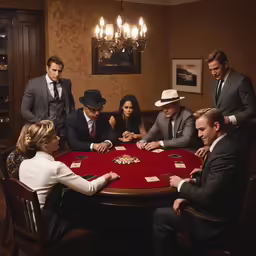 a group of men and women playing a game of cards