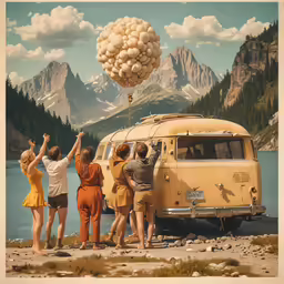 some people that are standing next to an old bus with balloons