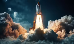 a jet flies through the clouds on top of a rocket