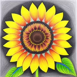 the sunflower is painted with colored pencils on paper,a drawing of a sunflower sitting on a plate