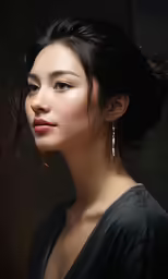 a woman with a bun is looking to the side
