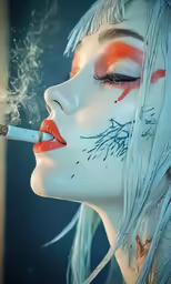 a woman with her mouth painted white and a cigarette